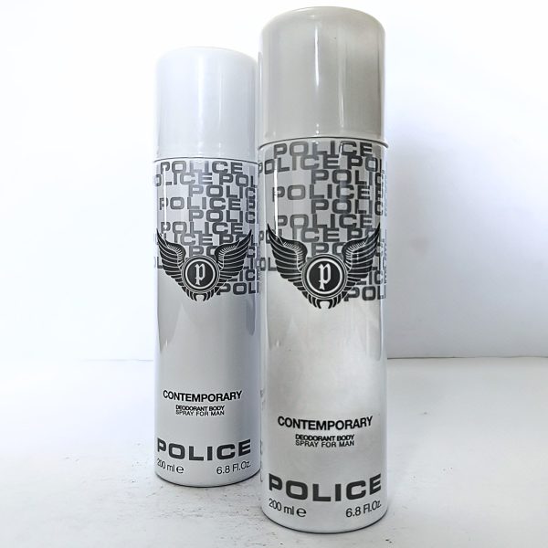 Two cans of 2x Police Contemporary Deodorant Spray for Men, 200ml each, are placed side by side on a white surface.