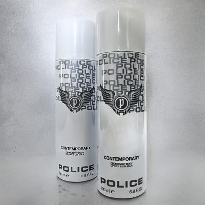 Two cans of Police Contemporary Deodorant Spray for Men, 200ml each, are placed side by side against a plain background. The white cans feature silver text and the winged Police logo.