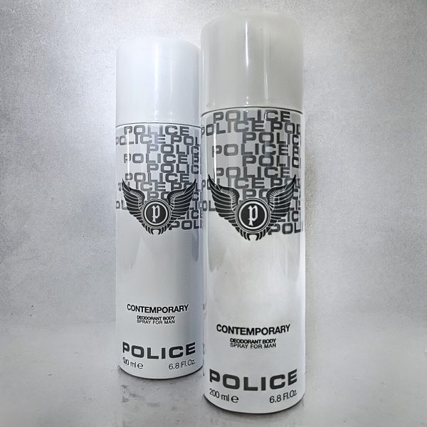 Two cans of Police Contemporary Deodorant Spray for Men, 200ml each, are placed side by side against a plain background. The white cans feature silver text and the winged Police logo.