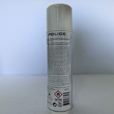 A 200ml silver aerosol can of Police Contemporary Deodorant Spray for Men, featuring product info, safety icons, and warnings on the back, displayed on a plain white surface.