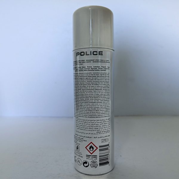 A 200ml silver aerosol can of Police Contemporary Deodorant Spray for Men, featuring product info, safety icons, and warnings on the back, displayed on a plain white surface.