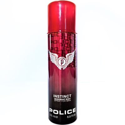 A 200ml can of Police Instinct Deodorant Spray for Men, in red and black, is displayed against a white background.