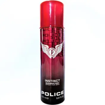 A 200ml can of Police Instinct Deodorant Spray for Men, in red and black, is displayed against a white background.