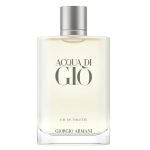 A clear rectangular bottle of Giorgio Armani Acqua Di Gio EDT 200ml Spray for men, featuring a silver cap and minimalist label.
