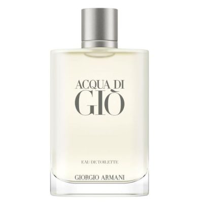 A clear rectangular bottle of Giorgio Armani Acqua Di Gio EDT 200ml Spray for men, featuring a silver cap and minimalist label.