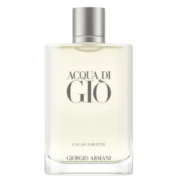 A clear rectangular bottle of Giorgio Armani Acqua Di Gio EDT 200ml Spray for men, featuring a silver cap and minimalist label.