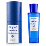 A blue cylindrical box and matching bottle of Acqua di Parma Blu Mediterraneo Arancia di Capri EDT Spray 30ml are displayed side by side.