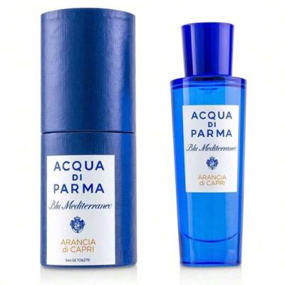 A blue cylindrical box and matching bottle of Acqua di Parma Blu Mediterraneo Arancia di Capri EDT Spray 30ml are displayed side by side.