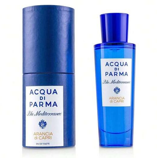 A blue cylindrical box and matching bottle of Acqua di Parma Blu Mediterraneo Arancia di Capri EDT Spray 30ml are displayed side by side.