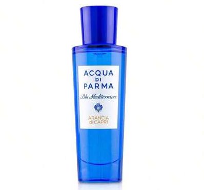 A blue bottle of Acqua di Parma Blu Mediterraneo Arancia di Capri EDT Spray 30ml stands upright against a white background.