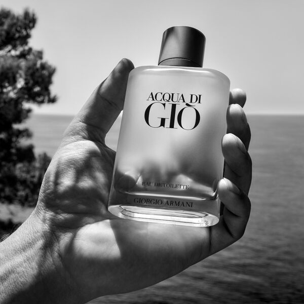 A hand holds a bottle of Giorgio Armani Acqua Di Gio EDT 200ml Spray for men, with the sea and trees softly blurred in the background.