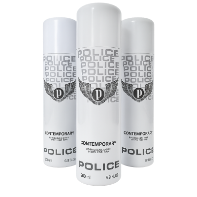 Two white cans of Police Contemporary Deodorant Spray for Men, 200ml each, with black and silver logos, displayed against a dark gradient background.