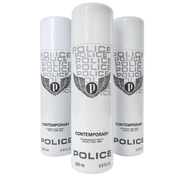 Two white cans of Police Contemporary Deodorant Spray for Men, 200ml each, with black and silver logos, displayed against a dark gradient background.