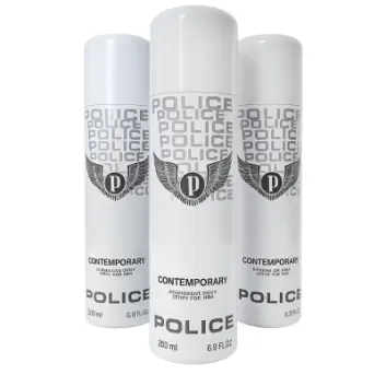 Two white cans of Police Contemporary Deodorant Spray for Men, 200ml each, with black and silver logos, displayed against a dark gradient background.