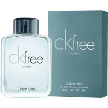A 100ml Calvin Klein CK Free EDT spray for men is shown beside its blue box.
