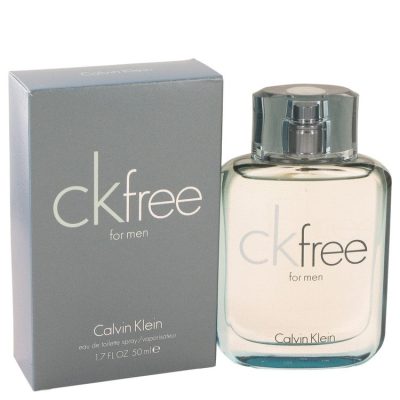 A Calvin Klein CK Free EDT 100ml Spray for Men bottle is displayed beside its matching box, both featuring product details.