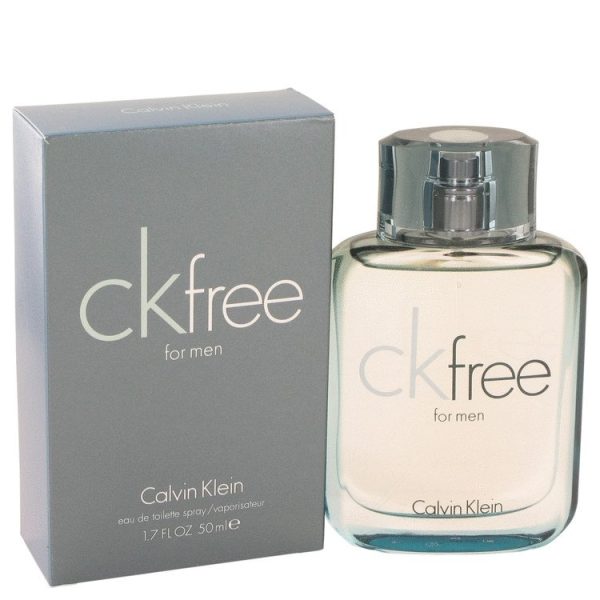 A Calvin Klein CK Free EDT 100ml Spray for Men bottle is displayed beside its matching box, both featuring product details.