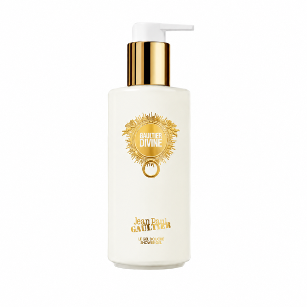 Two white bottles of Jean Paul Gaultier Divine Shower Gel for Women (200ml each) featuring gold pumps and decorative gold labels on the front.