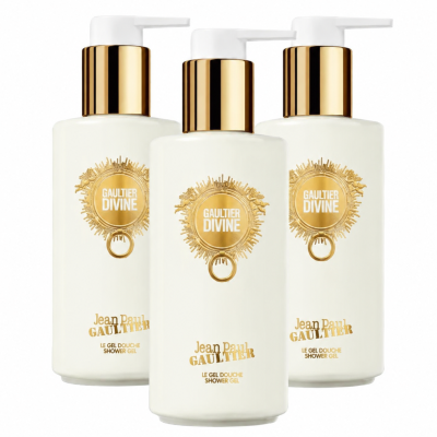Two bottles of Jean Paul Gaultier Divine Shower Gel for Women 200ml are arranged side by side on a white background.