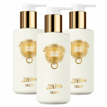 Two bottles of Jean Paul Gaultier Divine Shower Gel for Women 200ml are arranged side by side on a white background.