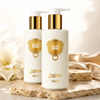 Two bottles of Jean Paul Gaultier Divine Shower Gel for Women 200ml are displayed on a stone surface, accompanied by a white flower and beige fabric in the background.