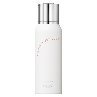 Two white cylindrical bottles of Hermès Eau des Merveilles Deodorant Spray 150ml each, featuring a minimalist design with silver caps.