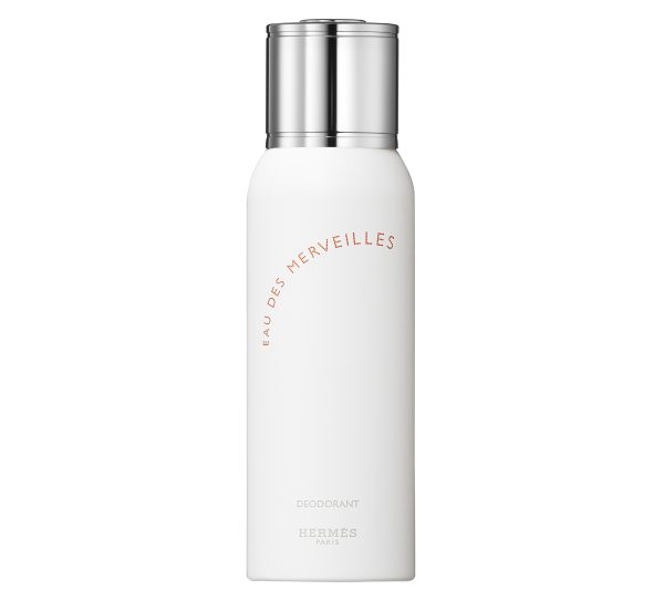 Two white cylindrical bottles of Hermès Eau des Merveilles Deodorant Spray 150ml each, featuring a minimalist design with silver caps.