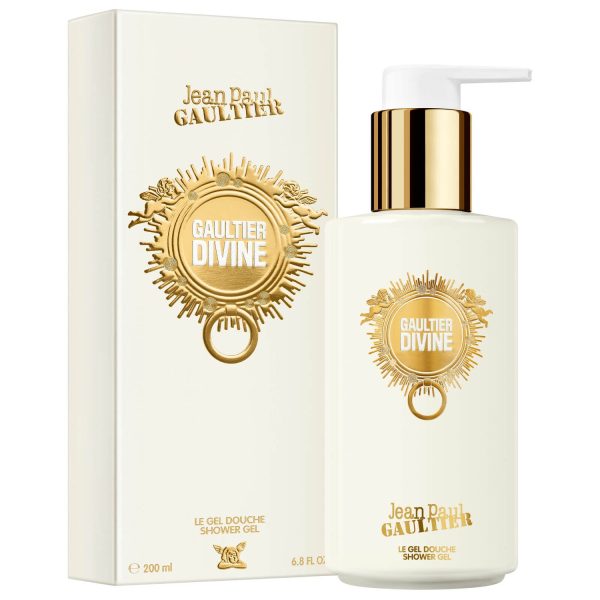 2x Jean Paul Gaultier Divine Shower Gel for Women 200ml, each in a white bottle with gold accents and gold embossed branding, shown beside the matching box.