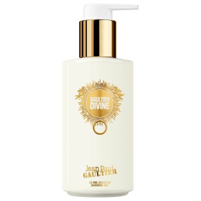 A set of two 200ml Jean Paul Gaultier Divine Shower Gels for Women, each in a white bottle with gold detailing and a white pump.
