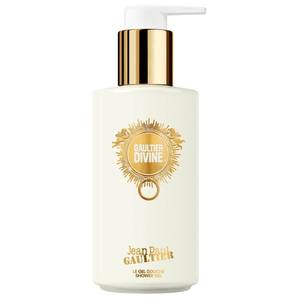A set of two 200ml Jean Paul Gaultier Divine Shower Gels for Women, each in a white bottle with gold detailing and a white pump.