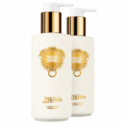 Two bottles of Jean Paul Gaultier Divine Shower Gel for Women (200ml each) are displayed against a white background, featuring white packaging with gold pumps and the signature logo.