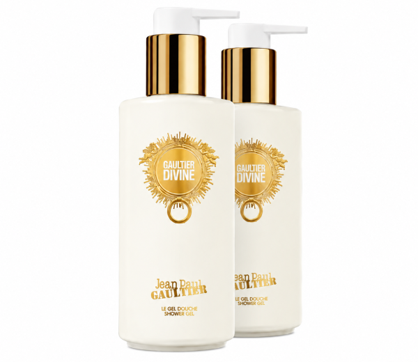 Two bottles of Jean Paul Gaultier Divine Shower Gel for Women (200ml each) are displayed against a white background, featuring white packaging with gold pumps and the signature logo.