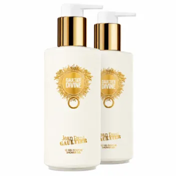 Two bottles of Jean Paul Gaultier Divine Shower Gel for Women (200ml each) are displayed against a white background, featuring white packaging with gold pumps and the signature logo.
