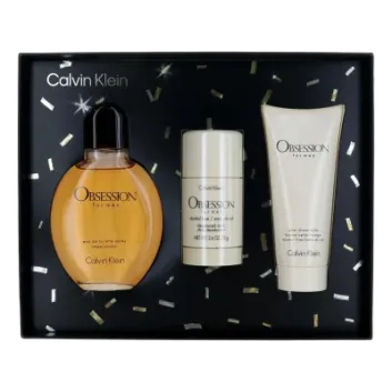 Calvin Klein Obsession for Men Gift Set includes 125ml EDT, 75ml Aftershave Balm, and 75ml Deodorant Stick.