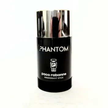 A black and silver deodorant stick labeled "Phantom" by Paco Rabanne is shown on a white background.