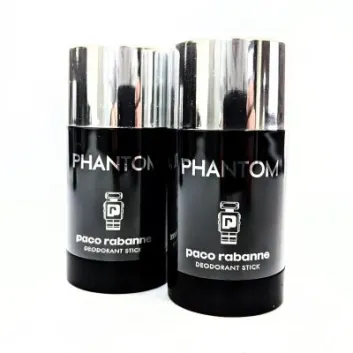 Two black deodorant sticks labeled "Phantom" by Paco Rabanne are standing side by side against a plain white background.