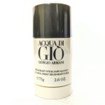 A 75g stick of Acqua di Giò Giorgio Armani deodorant, labeled as alcohol-free, with a black cap and white packaging.