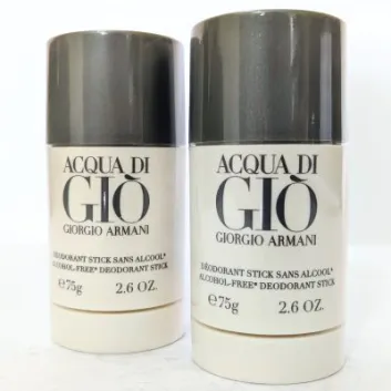 Two Giorgio Armani Acqua di Giò alcohol-free deodorant sticks, 75g (2.6 oz) each, standing side by side on a white surface.