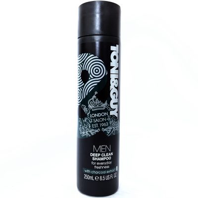 A black 250ml bottle of Toni & Guy Men Deep Clean Shampoo with charcoal extract, labeled for everyday freshness.