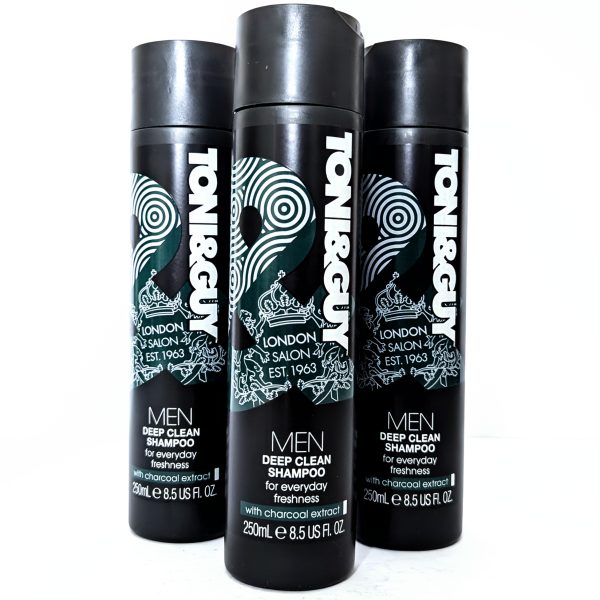 Three black bottles of Toni & Guy Men Deep Clean Shampoo with charcoal extract, each 250 mL, are standing upright side by side against a white background.