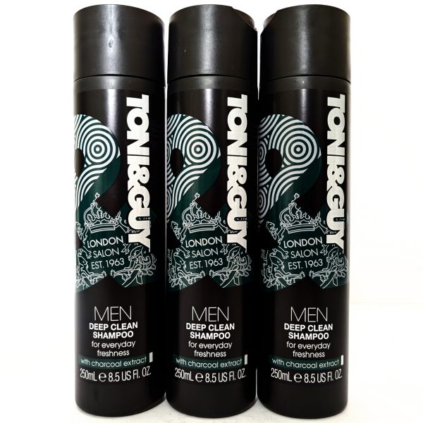 Three bottles of Toni & Guy Men Deep Clean Shampoo with charcoal extract, each containing 250ml, are arranged side by side against a white background.