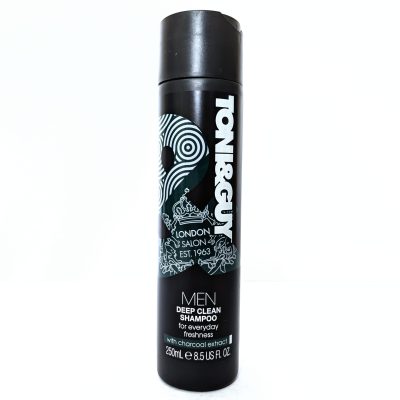 A black 250ml bottle of Toni & Guy Men Deep Clean Shampoo with charcoal extract, featuring white text and branding on the front.