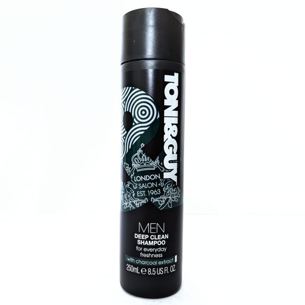A black 250ml bottle of Toni & Guy Men Deep Clean Shampoo with charcoal extract, featuring white text and branding on the front.