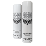 Two cans of Police Contemporary Deodorant Spray for Men, 200ml each, featuring a black logo and winged emblem on a white and gray gradient background.