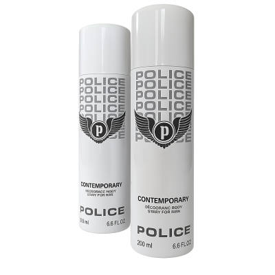 Two cans of Police Contemporary Deodorant Spray for Men, 200ml each, featuring a black logo and winged emblem on a white and gray gradient background.