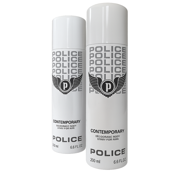 Two cans of Police Contemporary Deodorant Spray for Men, 200ml each, featuring a black logo and winged emblem on a white and gray gradient background.