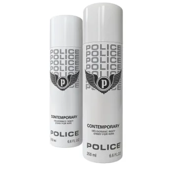 Two cans of Police Contemporary Deodorant Spray for Men, 200ml each, featuring a black logo and winged emblem on a white and gray gradient background.