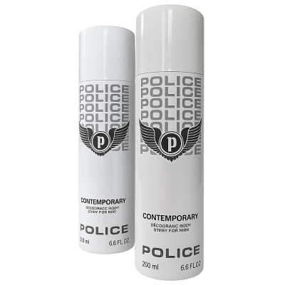 Two cans of Police Contemporary Deodorant Spray for Men, 200ml each, featuring a black logo and winged emblem on a white and gray gradient background.