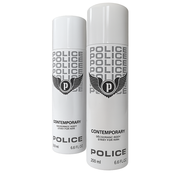 Two cans of Police Contemporary Deodorant Spray for Men, 200ml each, featuring a black logo and winged emblem on a white and gray gradient background.