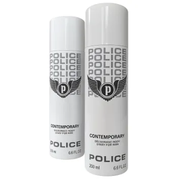 Two cans of Police Contemporary Deodorant Spray for Men, 200ml each, featuring a black logo and winged emblem on a white and gray gradient background.